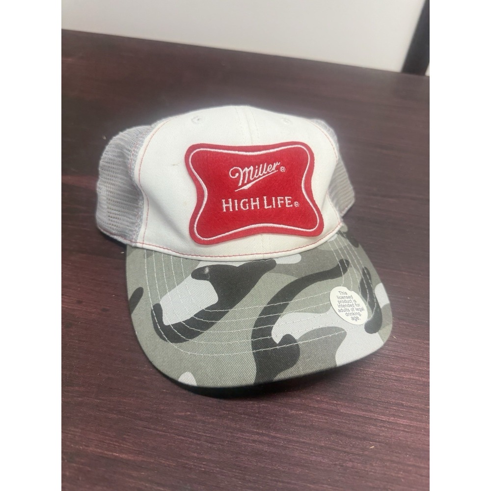 Miller High Life Beer Trucker Hat Cap Grey White Camo Mesh Snapback Adjustable